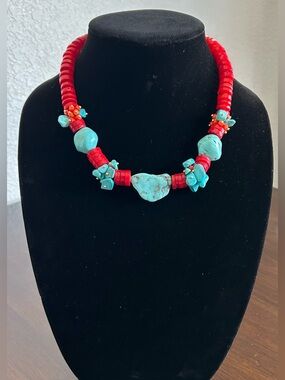 Blue and Red Bohemian Necklace with Turquoise Stones